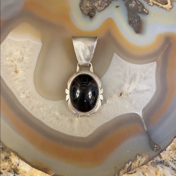 Vintage Jewelry - Vintage Zuni L L Native American onyx pendant Guc 1.5”